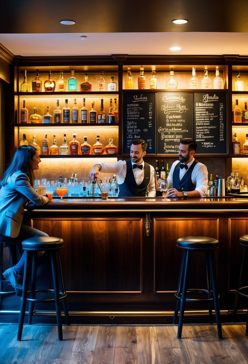 A cozy, dimly lit bar with a polished wood counter, shelves of colorful liquors, and a chalkboard menu. A bartender expertly mixes a signature cocktail as a couple chats at a small table