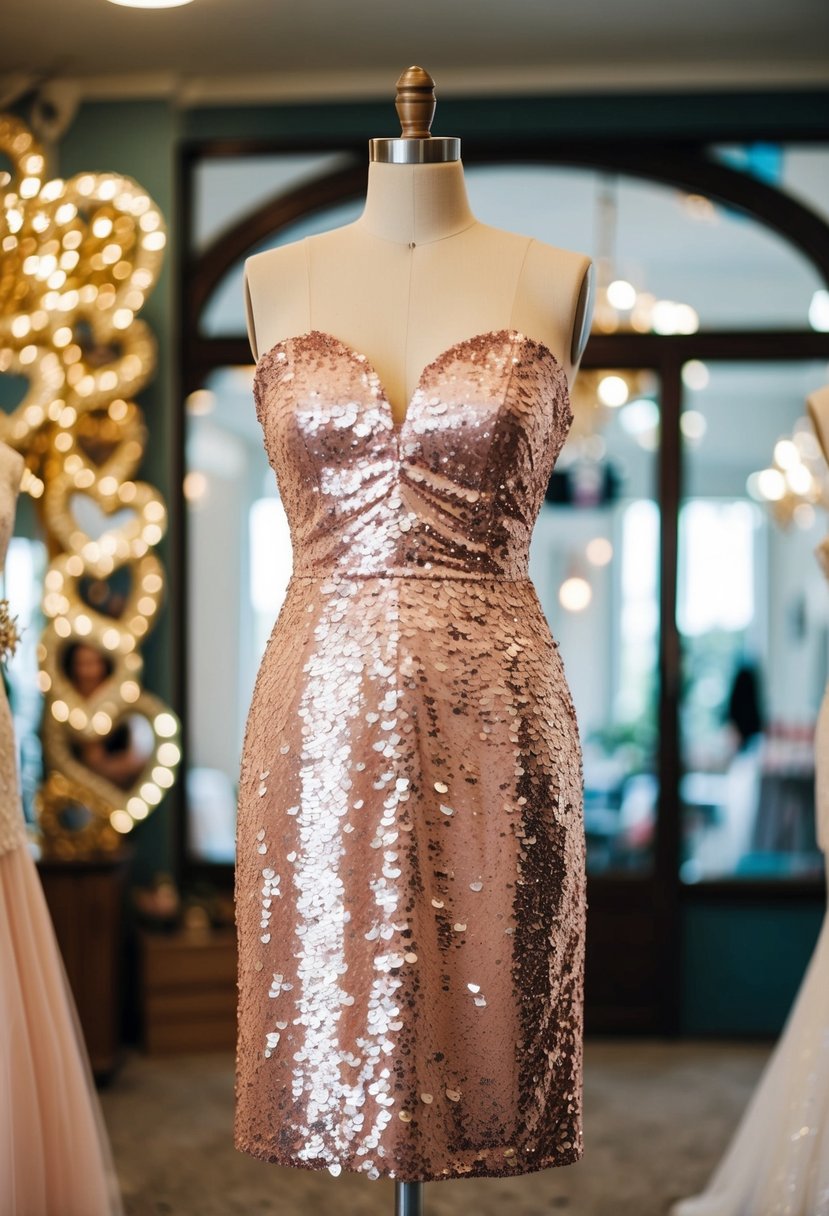 A heart cutout sequin dress displayed on a mannequin at a traditional wedding dress shop