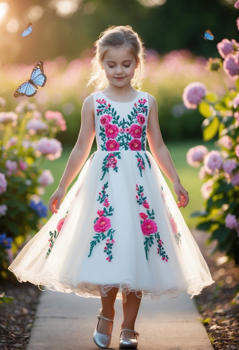 A young girl twirls in a floral embroidered dress with a tulle layer, surrounded by blooming flowers and butterflies