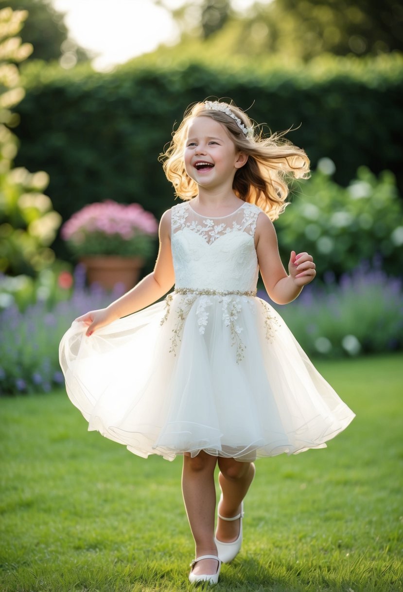 A young girl twirls in a garden, wearing a short wedding dress with delicate lace and floral details, her laughter filling the air