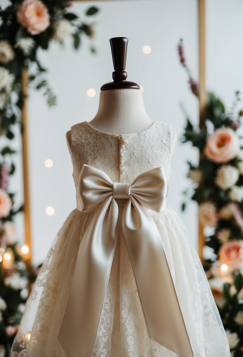 A satin bow and lace dress on a child mannequin, surrounded by floral decorations and soft lighting