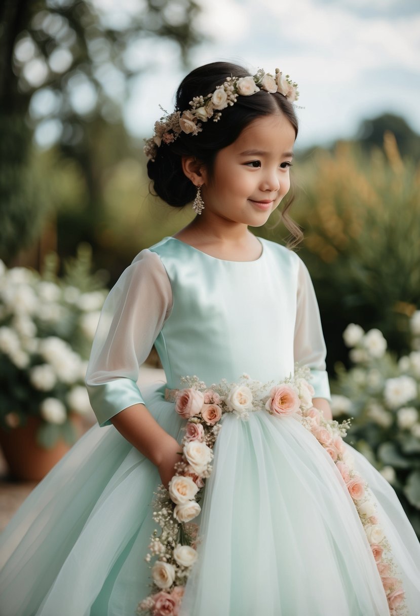 An elegant organza dress adorned with delicate floral accents, perfect for a traditional wedding for kids