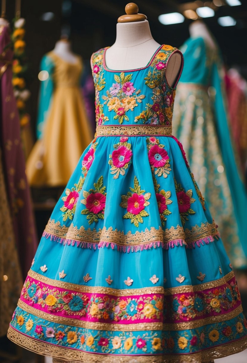 A colorful, intricately embroidered dress with floral patterns and delicate lace details, inspired by traditional wedding attire, displayed on a child-sized mannequin