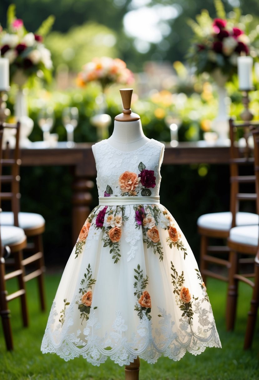 A garden-themed floral lace dress displayed on a child-sized mannequin in a traditional wedding setting