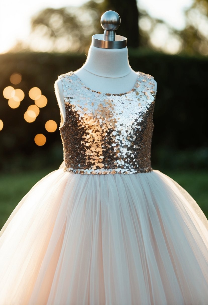 A sparkly sequin bodice with a flowing tulle skirt, perfect for a kids' traditional wedding dress