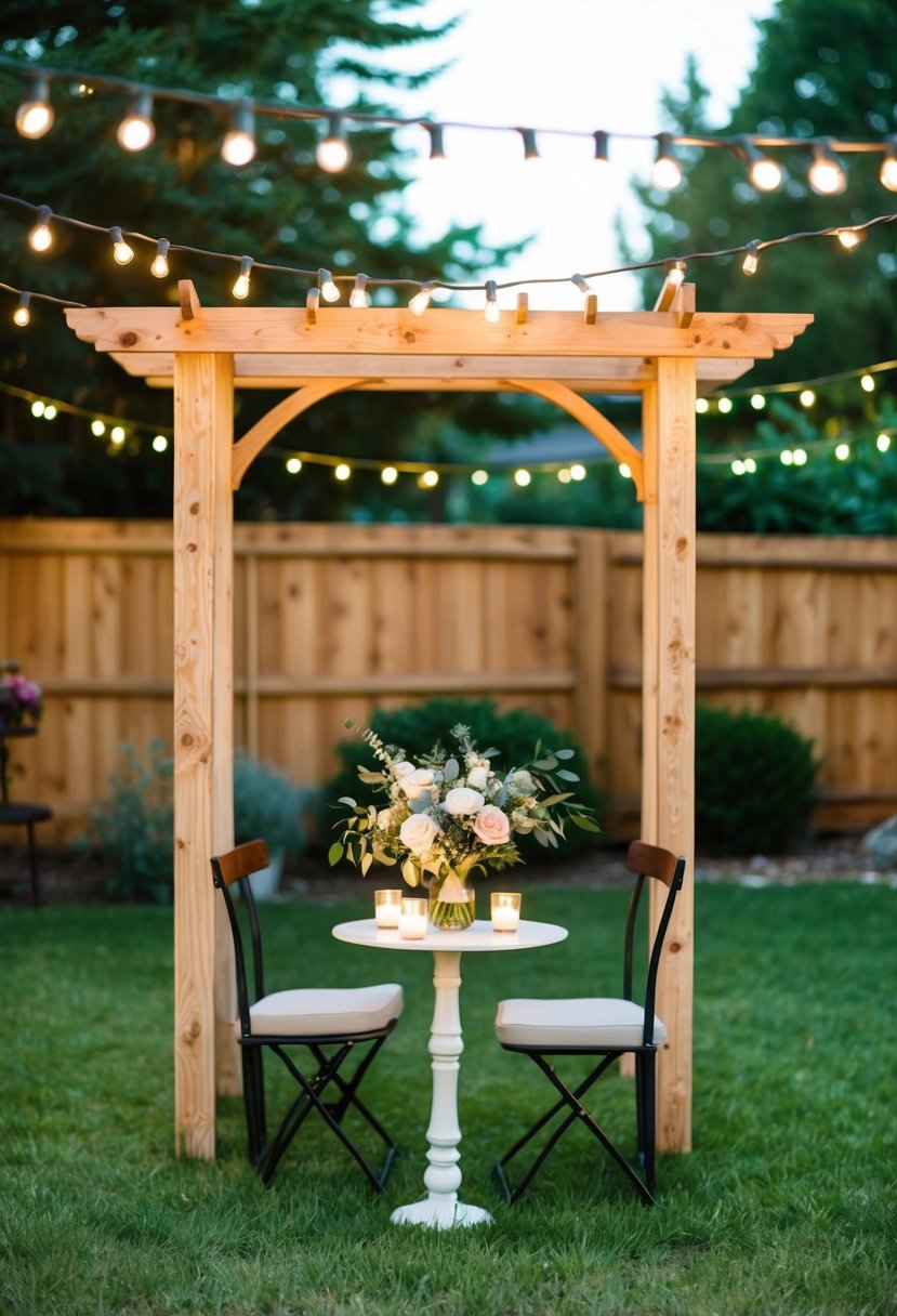 A cozy backyard setup with string lights, a rustic wooden arch, and a small table adorned with flowers and candles for an intimate wedding ceremony at home