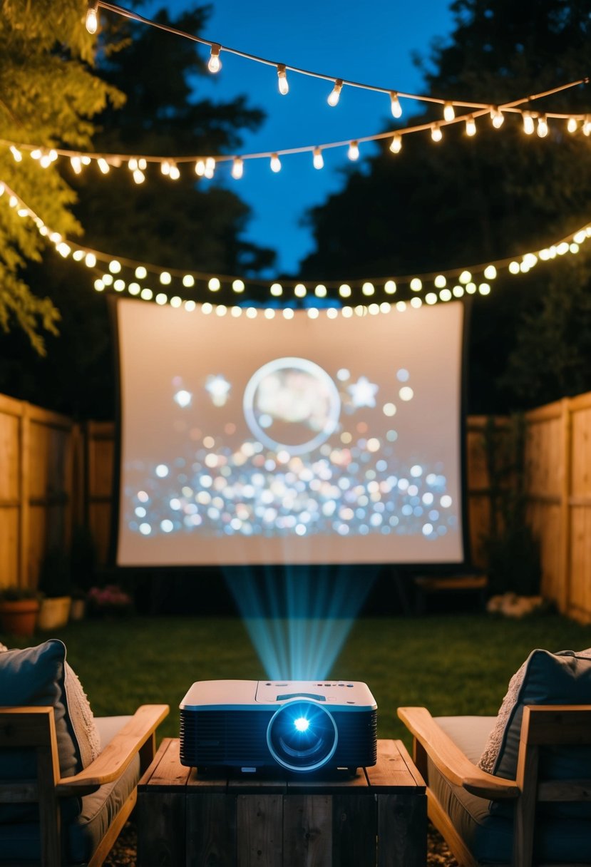 A backyard movie night with a projector and cozy seating for a small wedding