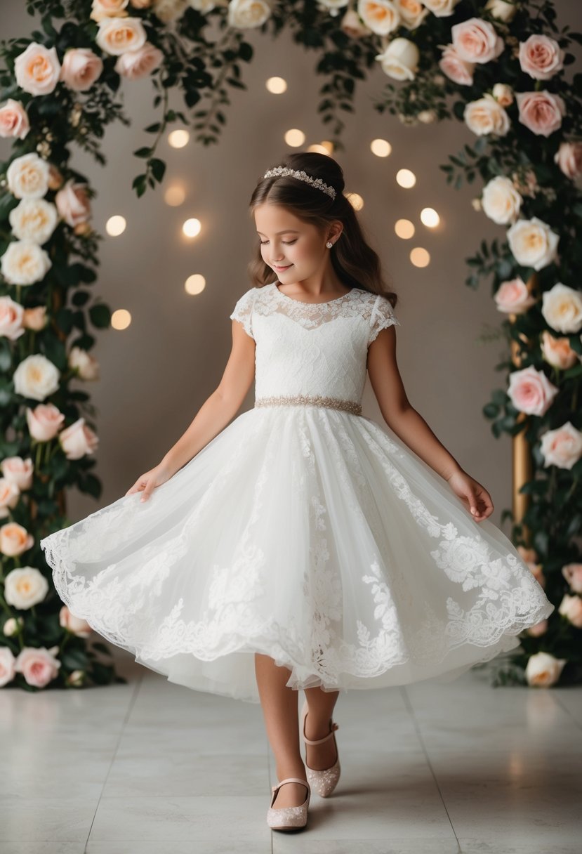 A young girl twirls in a lace empire waist dress, surrounded by blooming roses and traditional wedding decor