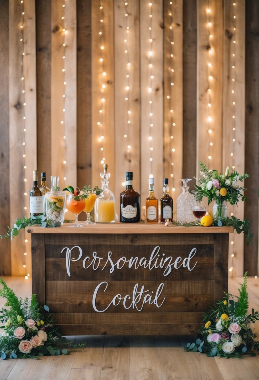 A rustic wooden bar adorned with personalized cocktail ingredients, surrounded by elegant glassware and fresh garnishes, set against a backdrop of twinkling fairy lights and floral arrangements