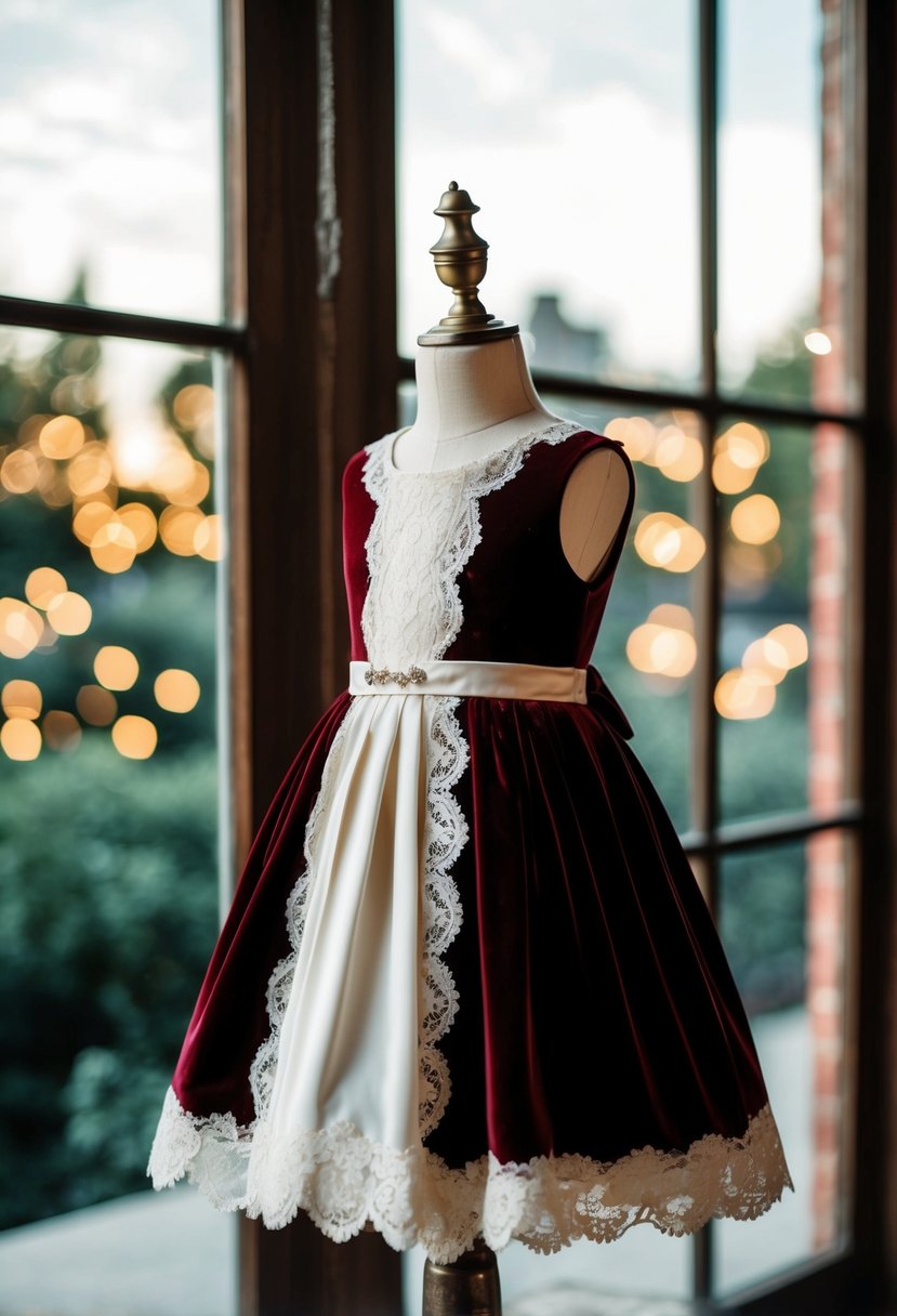 A child's classic velvet and lace wedding dress displayed on a vintage mannequin