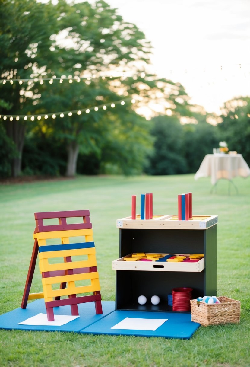 A backyard games station with cornhole and giant Jenga set up for a small wedding