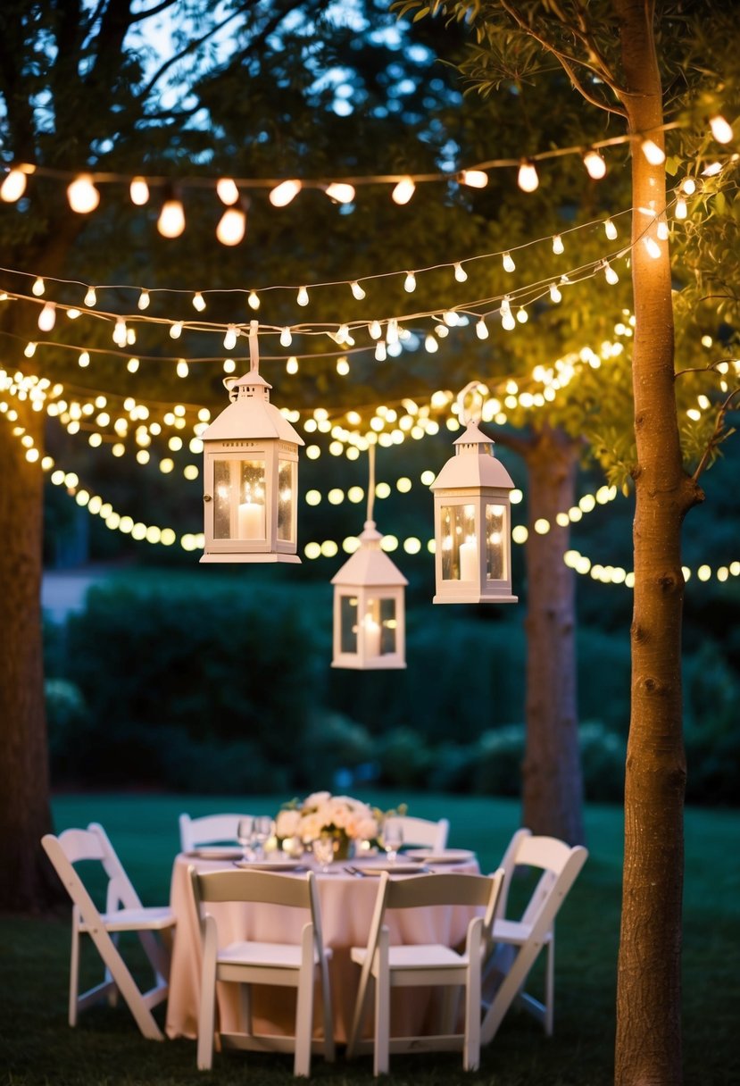 Fairy lights and lanterns hang from the ceiling and trees, casting a warm and whimsical glow over a cozy backyard wedding setup