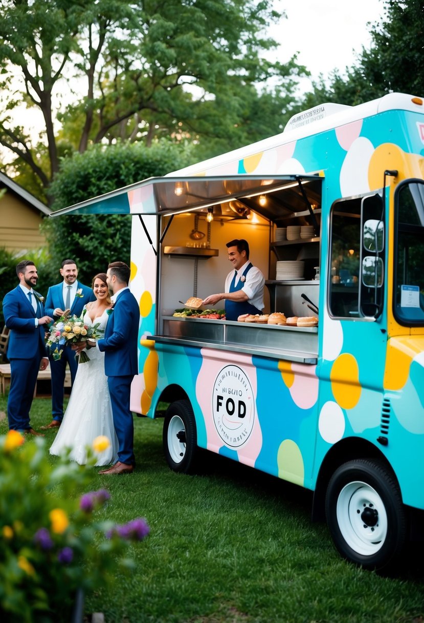 A colorful food truck parked in a cozy backyard, serving up unique and delicious meals to a small wedding party