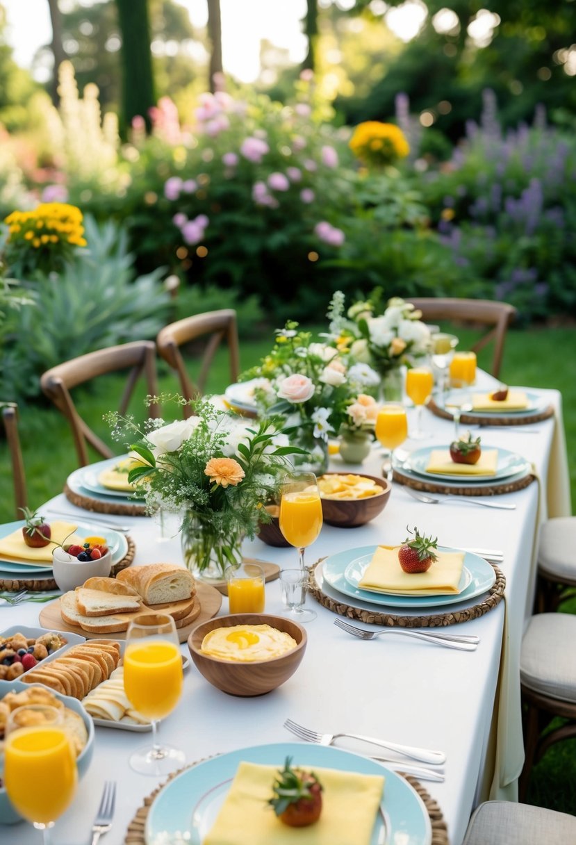 A garden brunch spread with breakfast and lunch foods set up for a small wedding at home