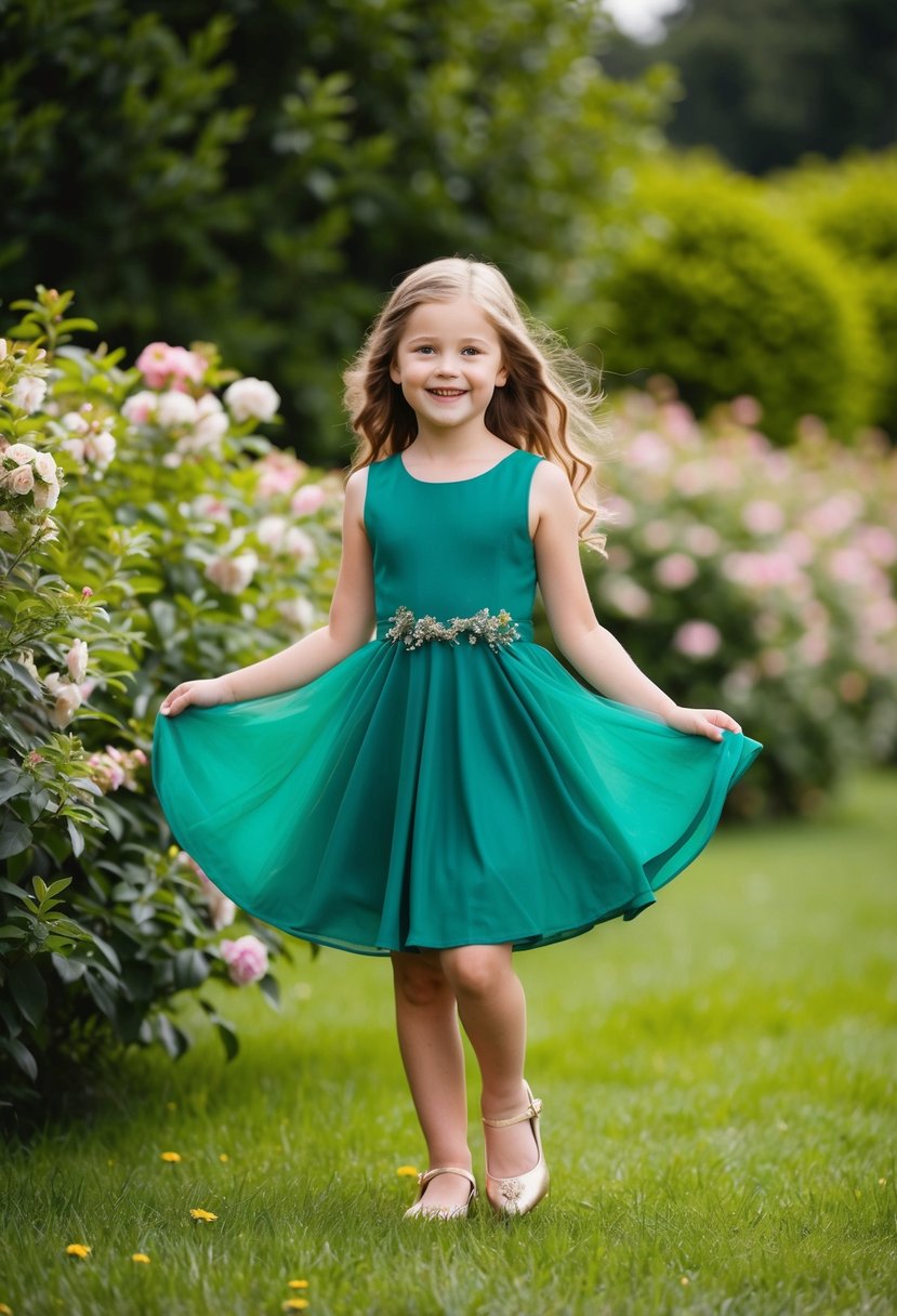 A young girl twirls in an emerald green dress, surrounded by lush greenery and blooming flowers