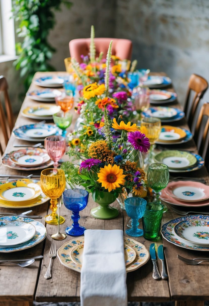 An eclectic dinner setting with mismatched vintage china, colorful glassware, and wildflower centerpieces on a rustic wooden table