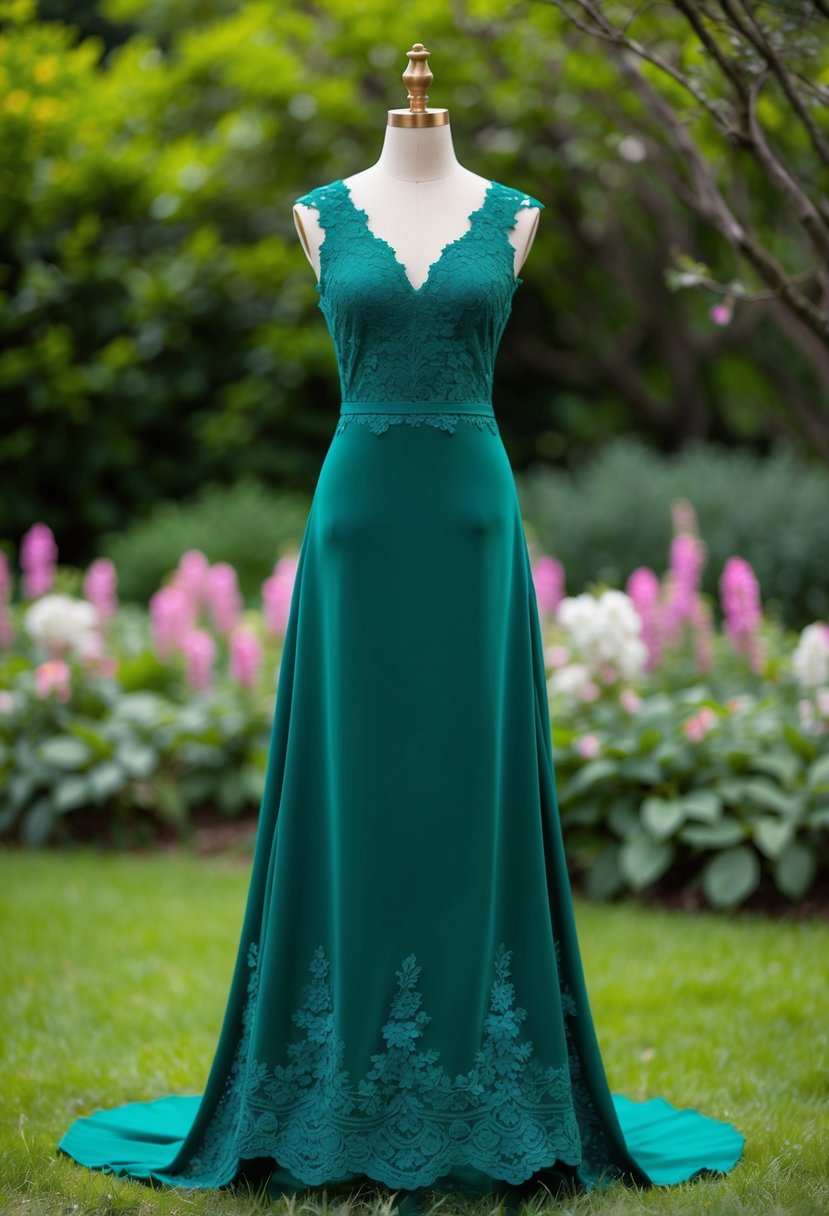 An emerald green A-line dress with delicate lace details, set against a backdrop of lush greenery and blooming flowers