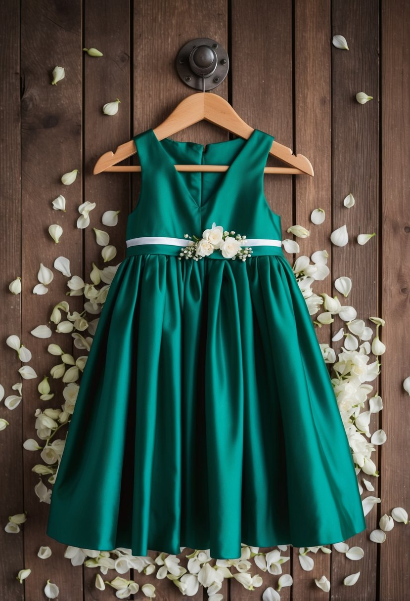 An emerald green flower girl dress hanging on a rustic wooden hanger, surrounded by delicate white flower petals