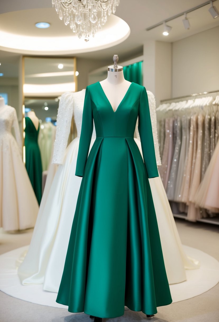 An emerald green A-line dress with long sleeves, featuring a v-neck, displayed on a mannequin in a softly lit bridal boutique