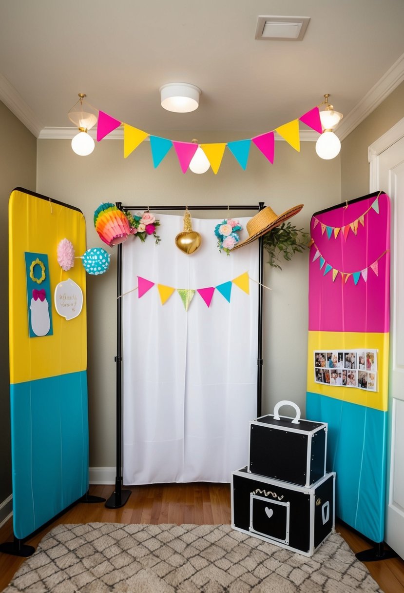 A photo booth with colorful props and homemade backdrops, set up in a cozy corner of a home for a small wedding celebration