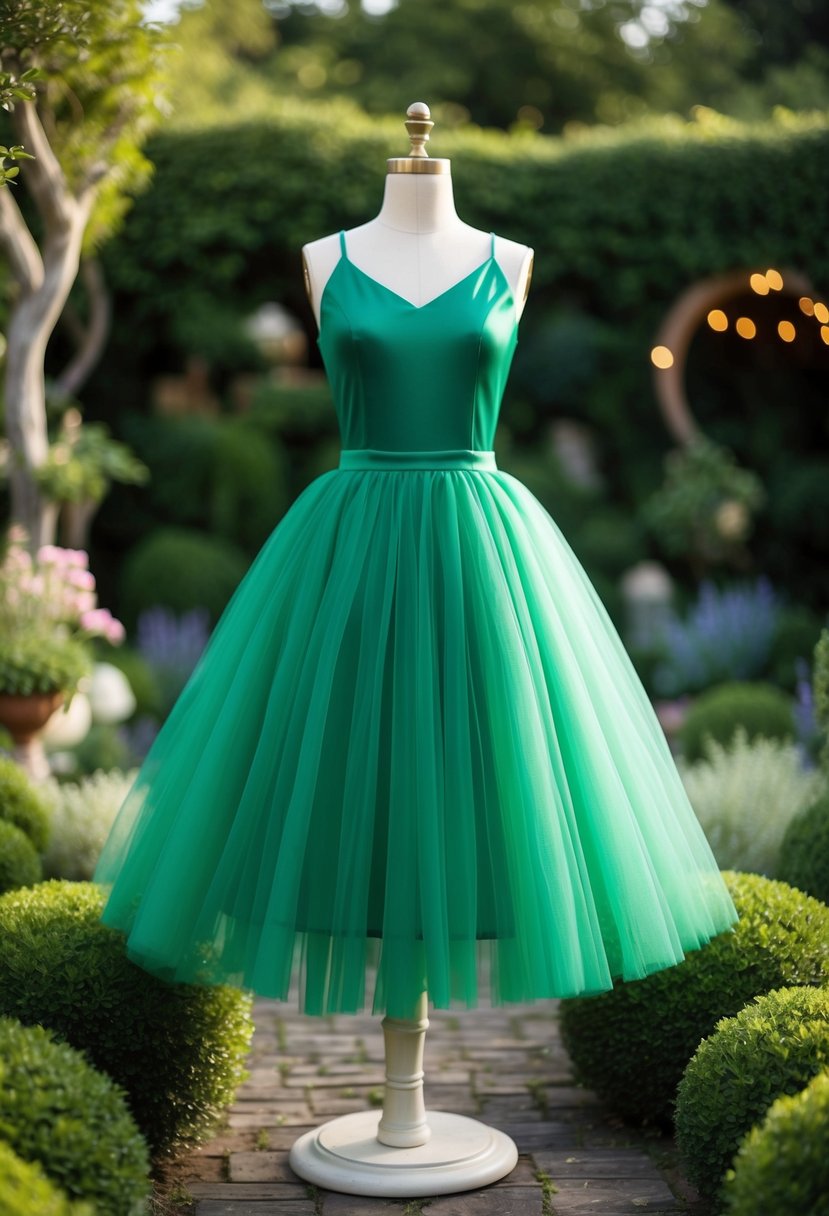 An emerald green tulle skirt dress displayed on a mannequin in a whimsical garden setting