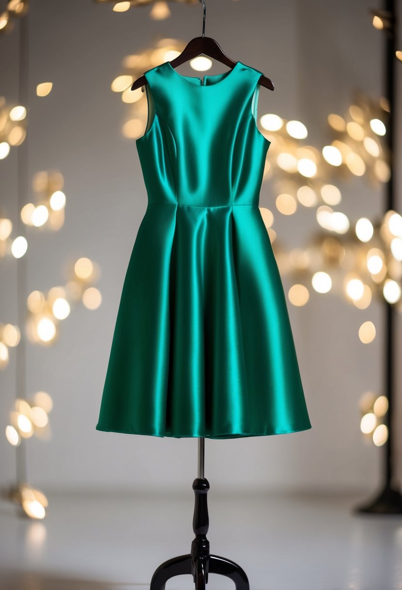 An emerald green satin dress hangs on a mannequin, catching the light with its sleeveless design