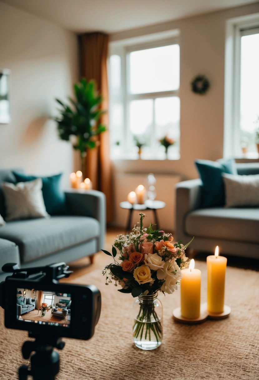 A cozy living room with a small wedding setup, including flowers, candles, and a live-streaming camera for friends and family to join virtually