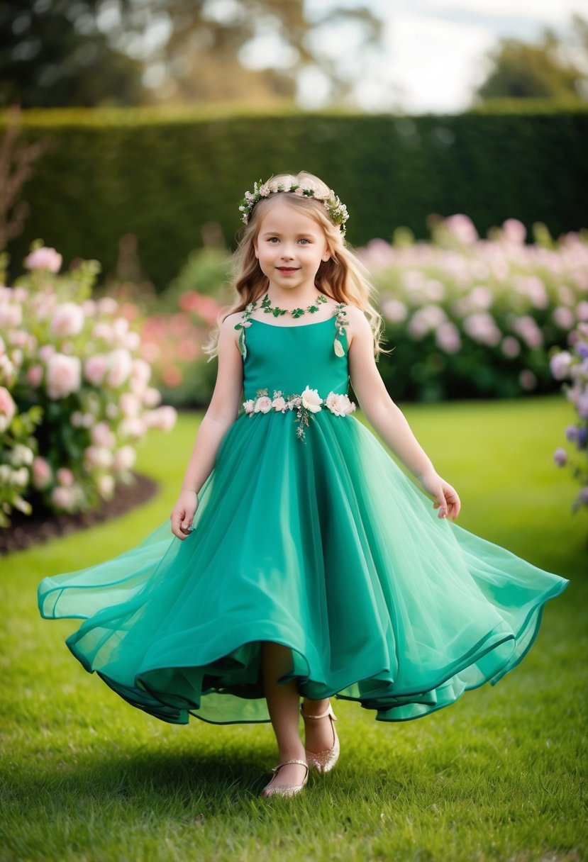 A young girl twirls in an emerald green dress, adorned with delicate floral accessories, surrounded by a garden of blooming flowers