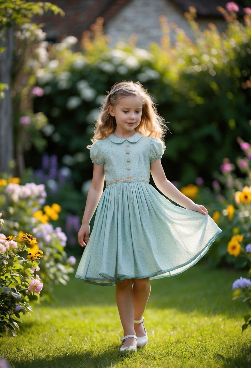 A young girl twirls in a garden wearing a vintage-inspired tea length dress, surrounded by blooming flowers and a quaint, rustic setting