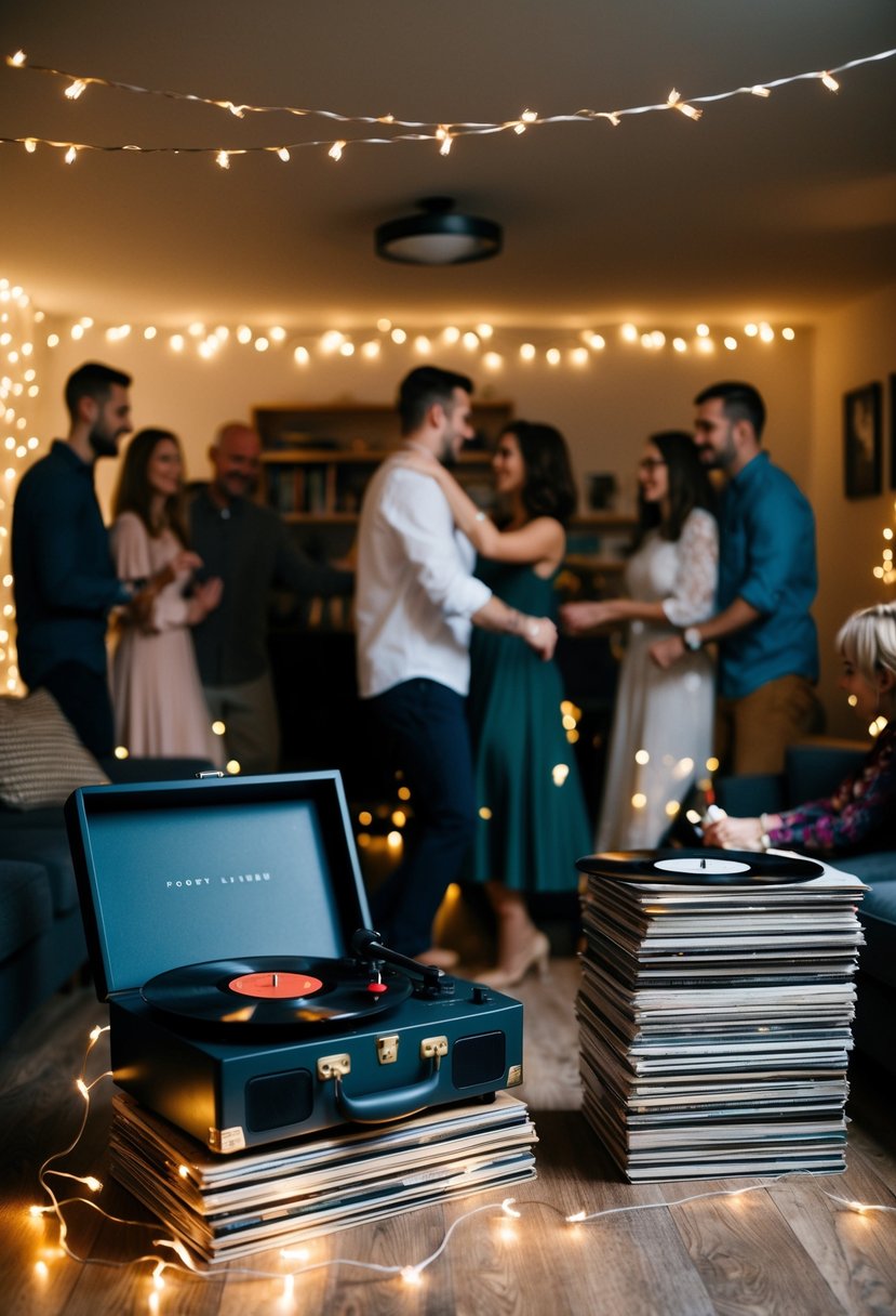 A cozy living room with fairy lights, a record player, and a stack of vinyl records. A couple dances in the center, surrounded by close friends and family