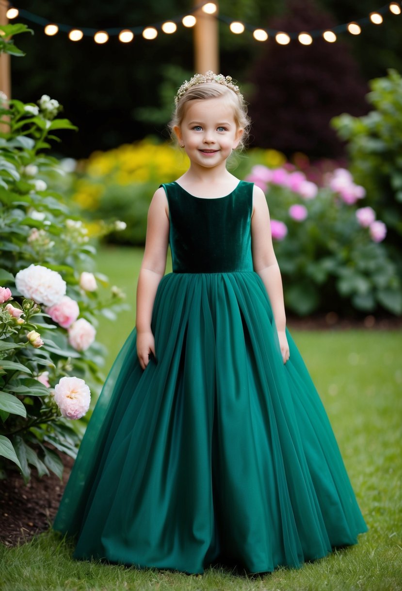 A young child stands in a lush garden wearing an elegant emerald green gown with a velvet bodice and flowing skirt, surrounded by blooming flowers and twinkling fairy lights