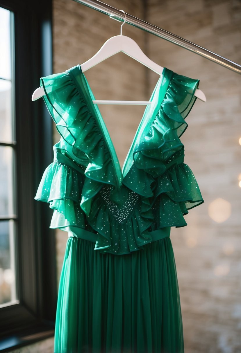 An emerald green dress hangs on a hanger, ruffled and elegant, with sparkles catching the light