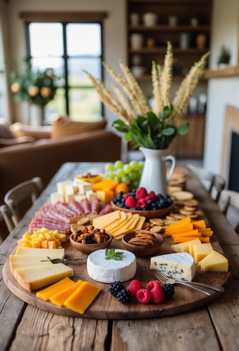 A rustic wooden table adorned with an array of charcuterie, cheeses, fruits, and small bites, set against a backdrop of a cozy home interior