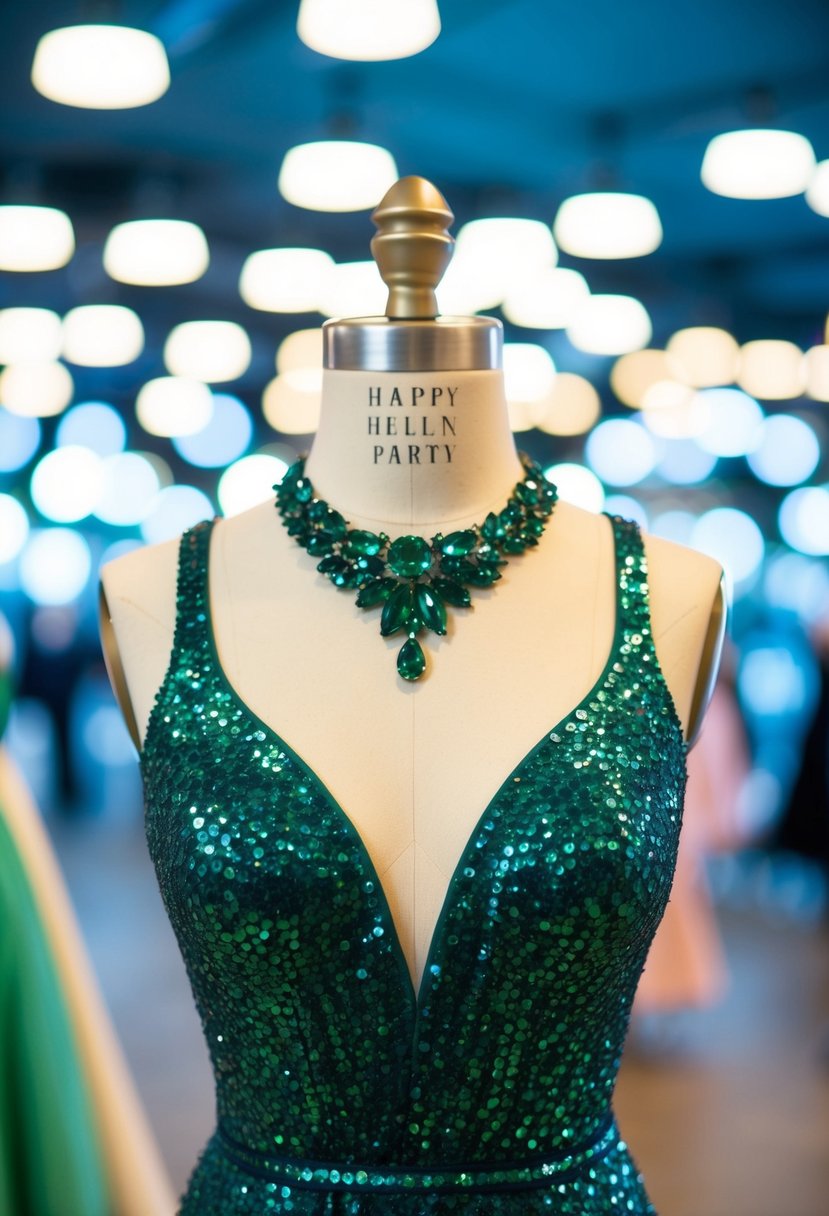 A sparkling emerald green party dress on a mannequin