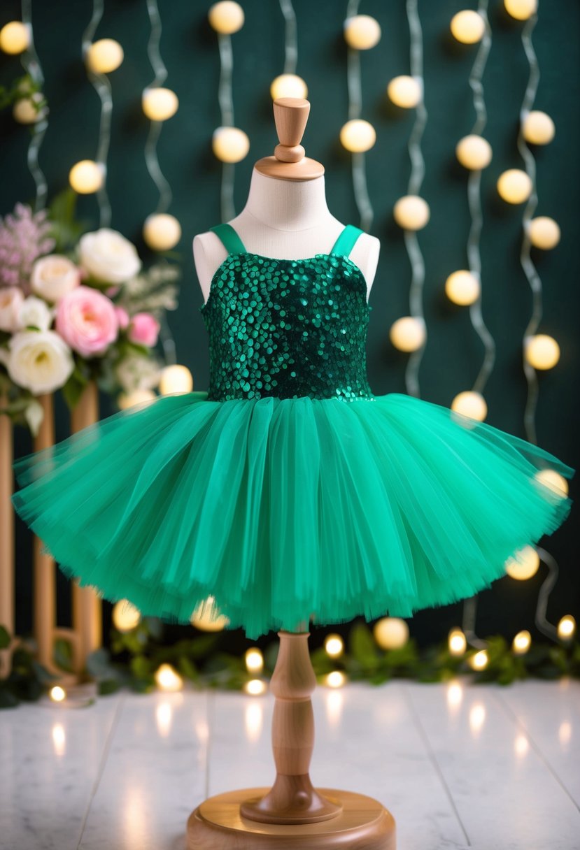 An emerald green tutu dress displayed on a child-sized mannequin against a backdrop of whimsical fairy lights and floral accents