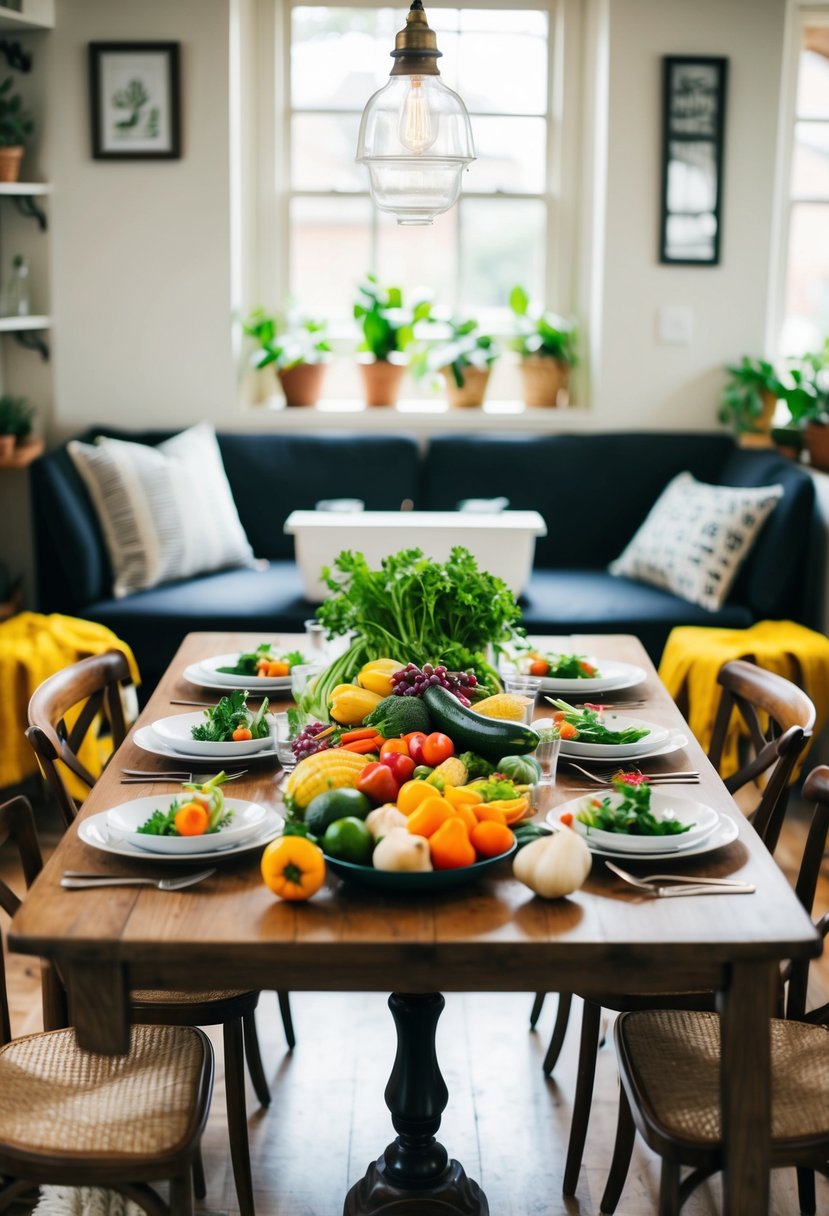 A table adorned with colorful, fresh produce and local ingredients, surrounded by small, intimate seating arrangements in a cozy home setting