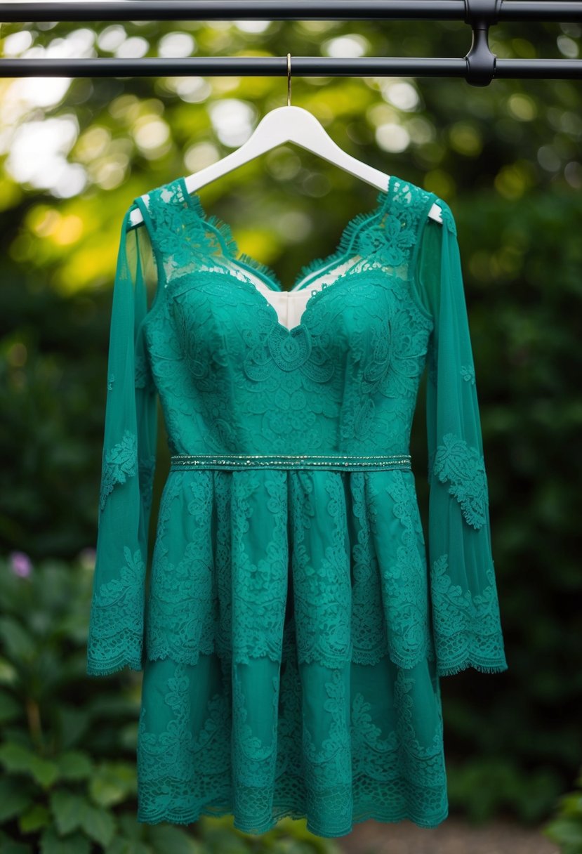 An emerald green lace dress hangs on a hanger, with delicate lace details and elegant sleeves