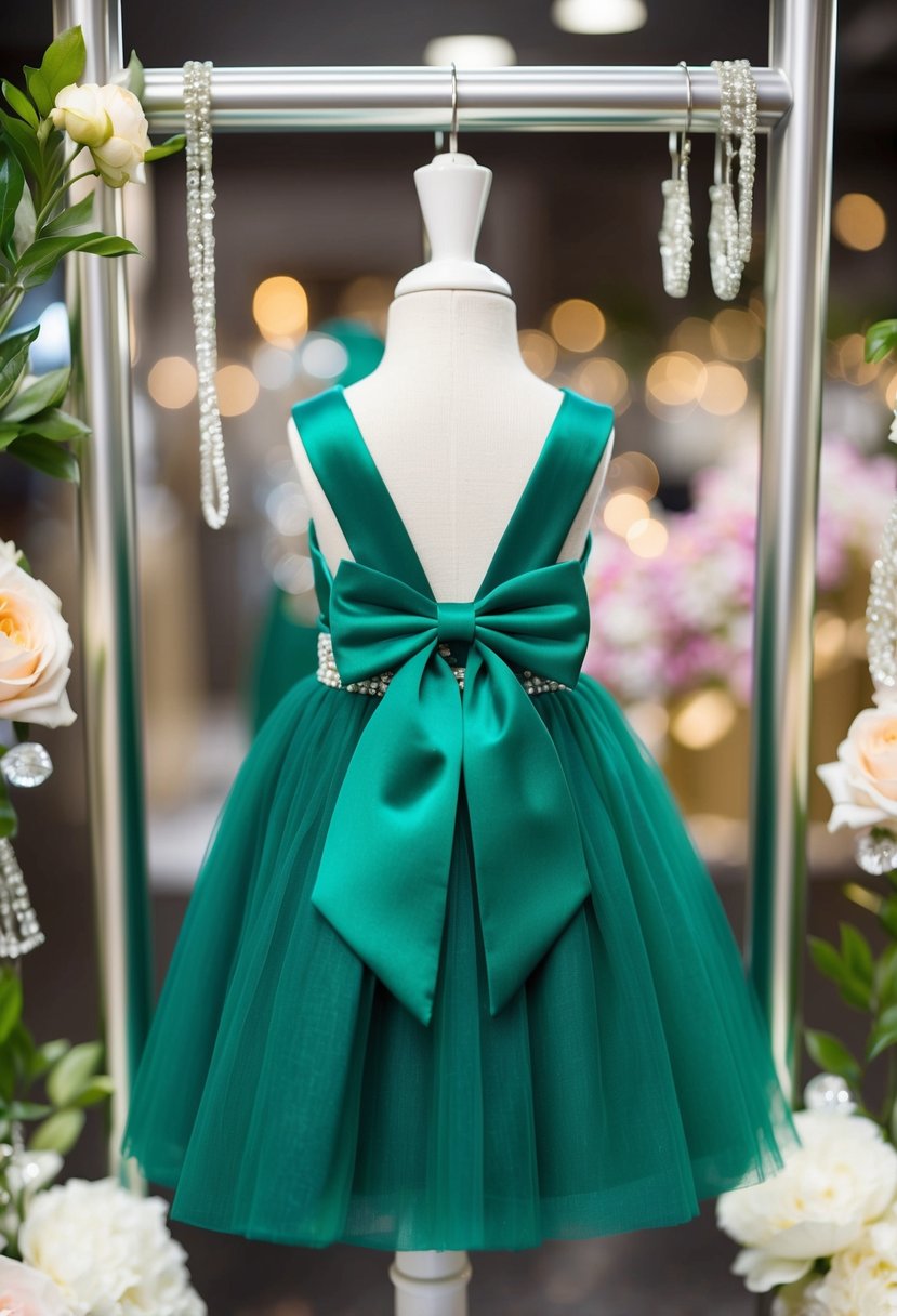 An emerald green bow-back dress hangs on a child-sized mannequin, surrounded by sparkling accessories and floral accents