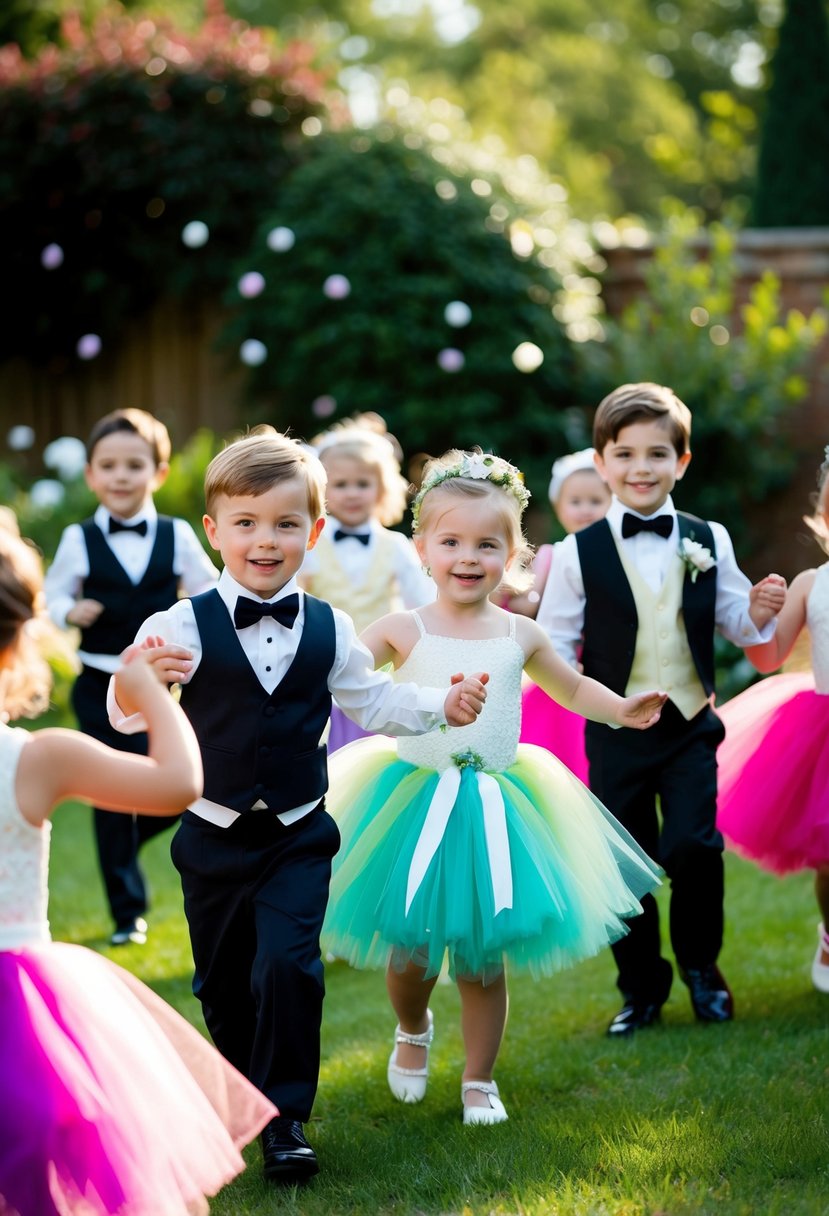 A group of children wearing whimsical wedding attire, from colorful tutus to miniature tuxedos, playing and dancing in a garden setting