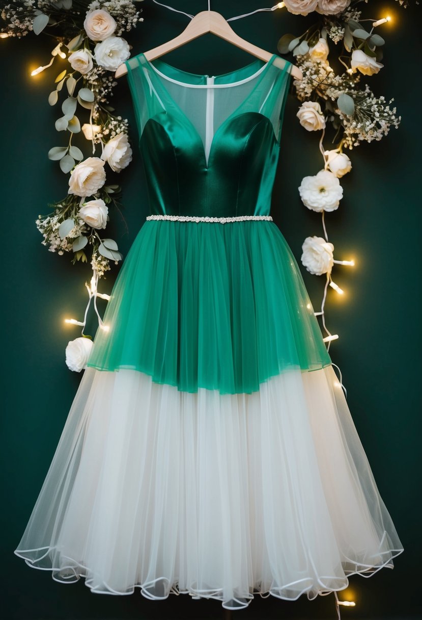 An emerald dress with tulle overlay, surrounded by delicate floral decorations and twinkling fairy lights