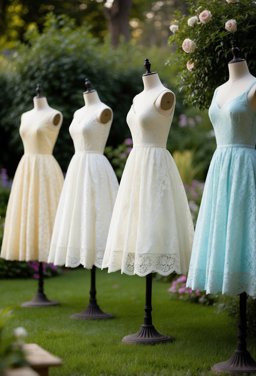 A group of tea-length dresses made of delicate lace, displayed on mannequins in a whimsical garden setting