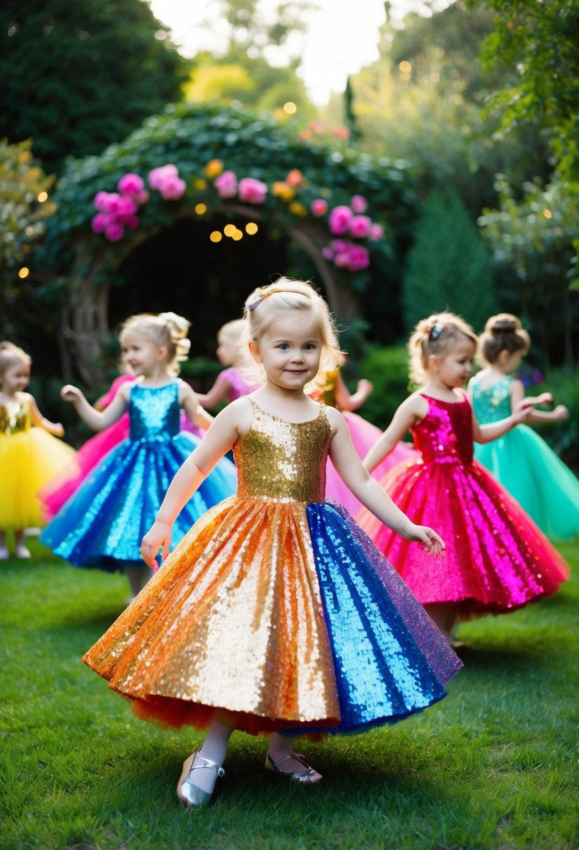 A group of children wearing colorful sequin sparkle ballgowns, twirling and dancing in a whimsical garden setting