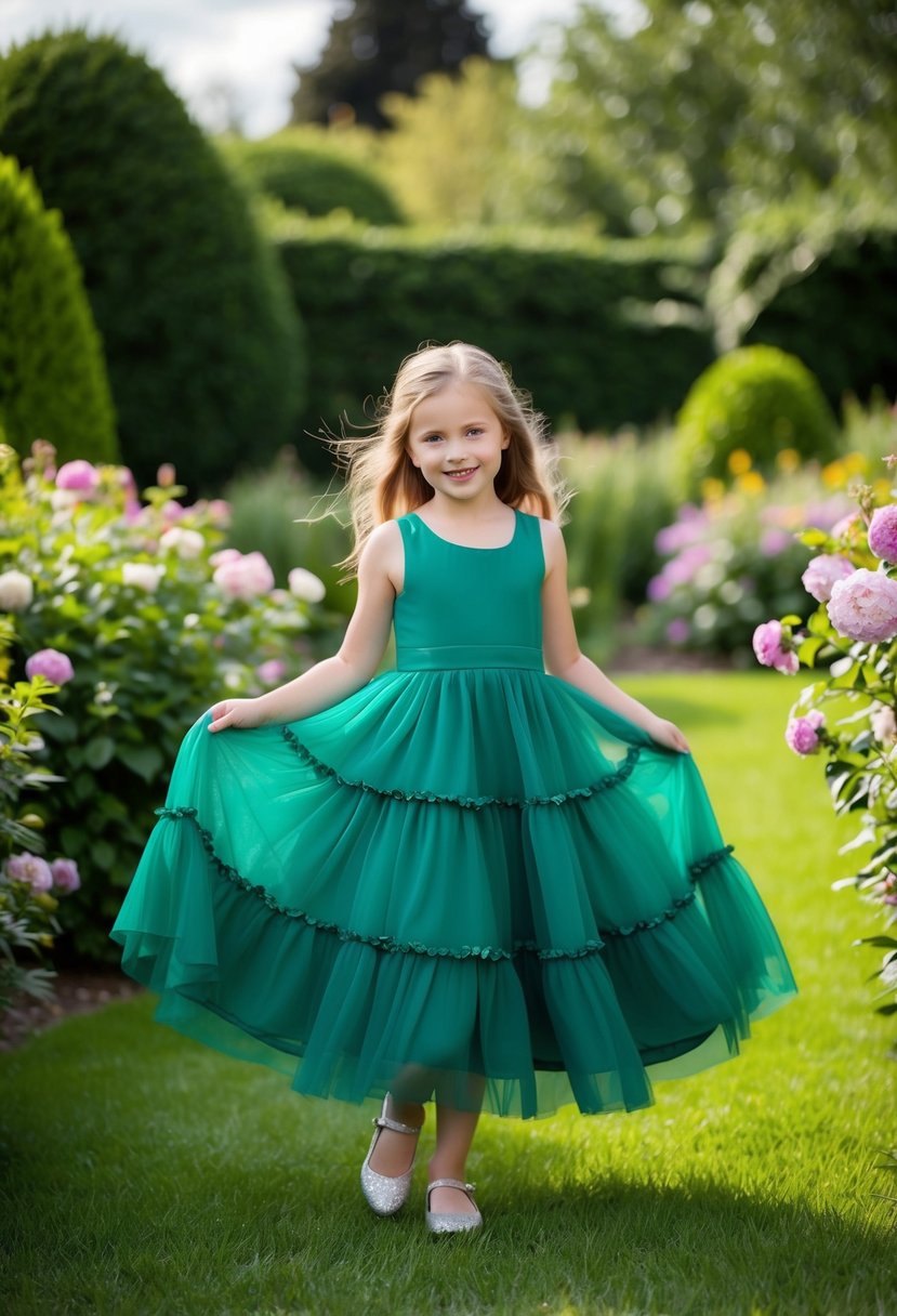 A young girl twirls in a tiered emerald green dress, surrounded by a garden of lush greenery and blooming flowers