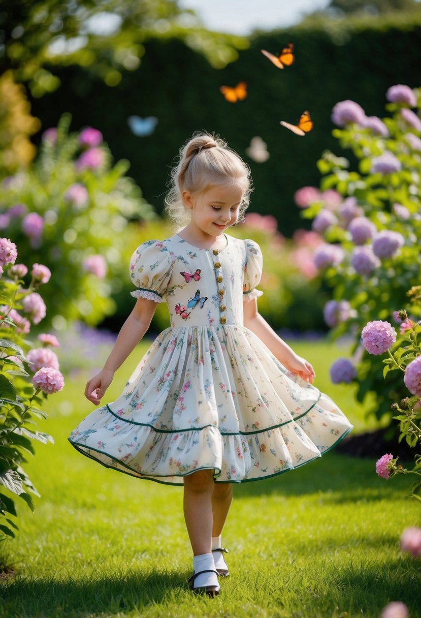 A young girl twirls in a garden wearing a vintage-inspired puff sleeve dress, surrounded by blooming flowers and butterflies