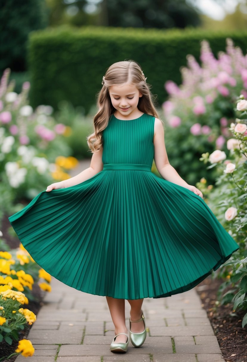 A young girl twirls in a pleated emerald green dress, surrounded by a garden of blooming flowers