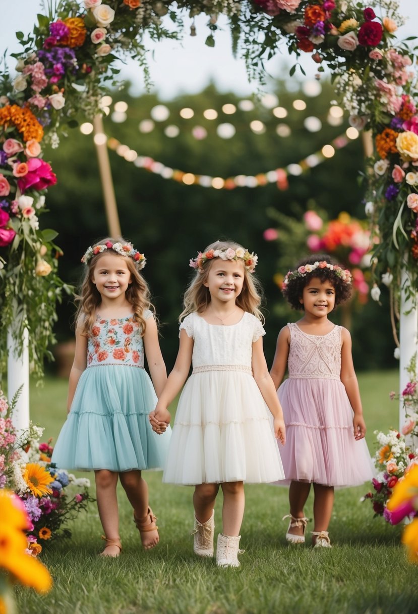 A whimsical outdoor wedding setting with children wearing boho chic dresses, surrounded by colorful flowers and dreamy decor