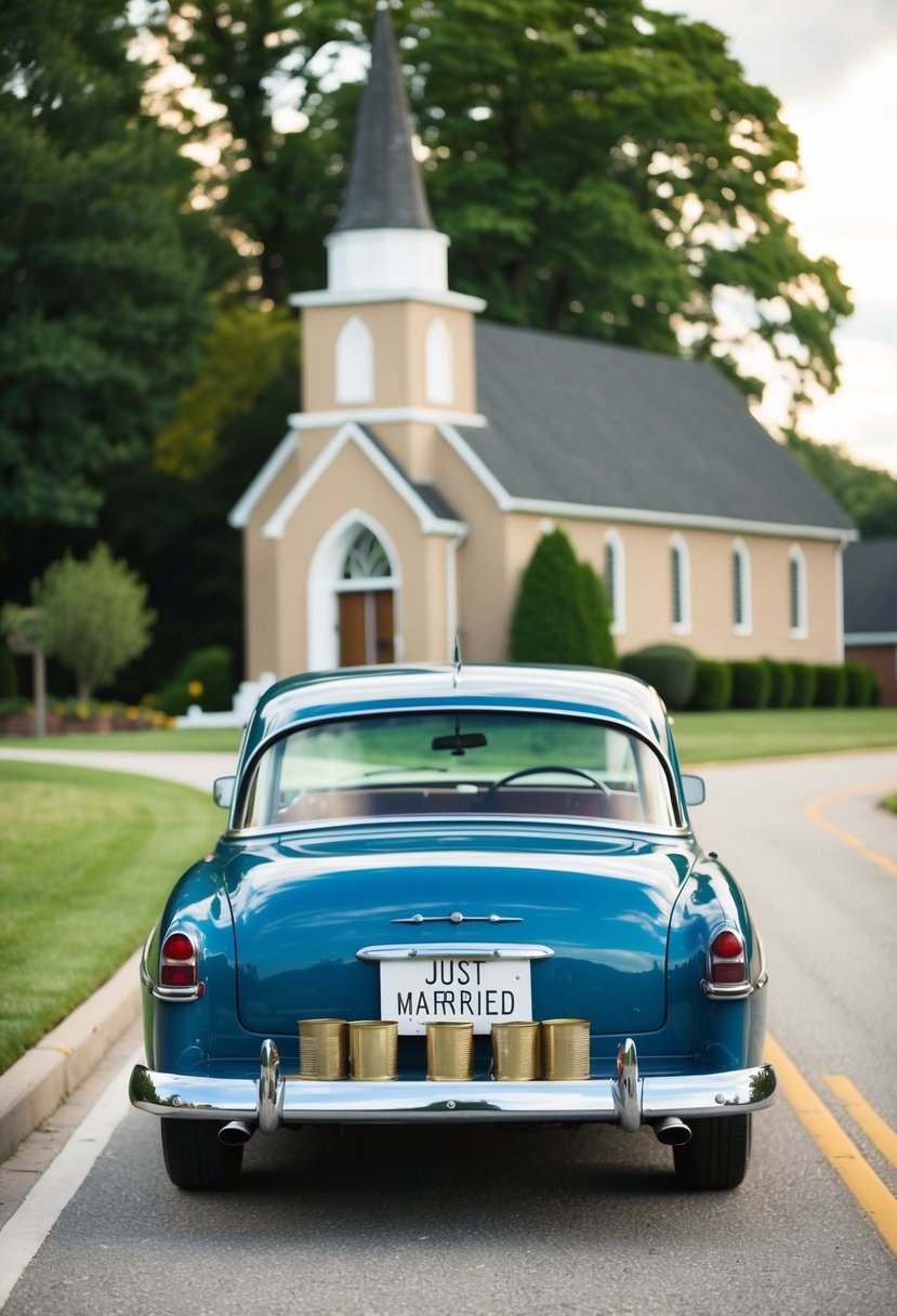 A vintage car with tin cans tied to the bumper drives away from a church with a "Just Married" sign on the back