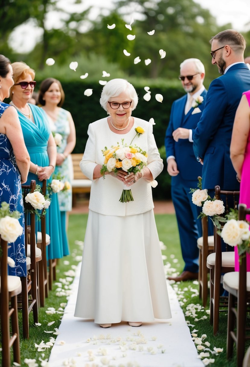 A retro 60s wedding with a flower grandma tossing petals down the aisle