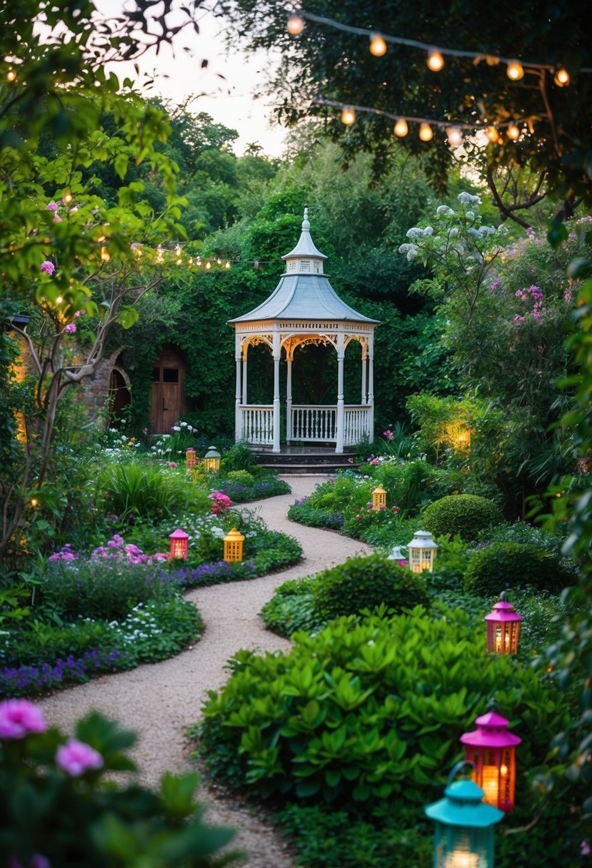 A lush, overgrown garden with winding paths, blooming flowers, and hidden nooks. A vintage gazebo stands as the focal point, surrounded by twinkling lights and colorful lanterns