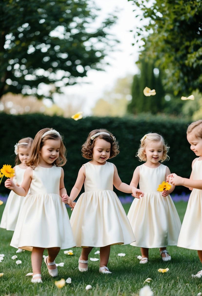 A group of children in classic satin A-line dresses playing in a garden, with flower petals scattered around them